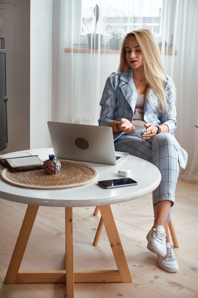Psychologist or coach conducts online consultation at home office, remote work at home